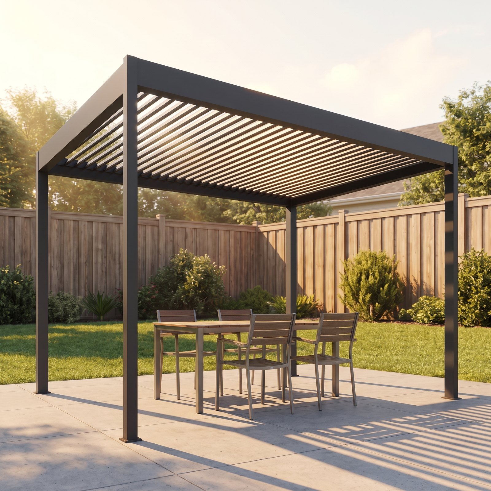 Aluminum louvered pergola over a patio dining set