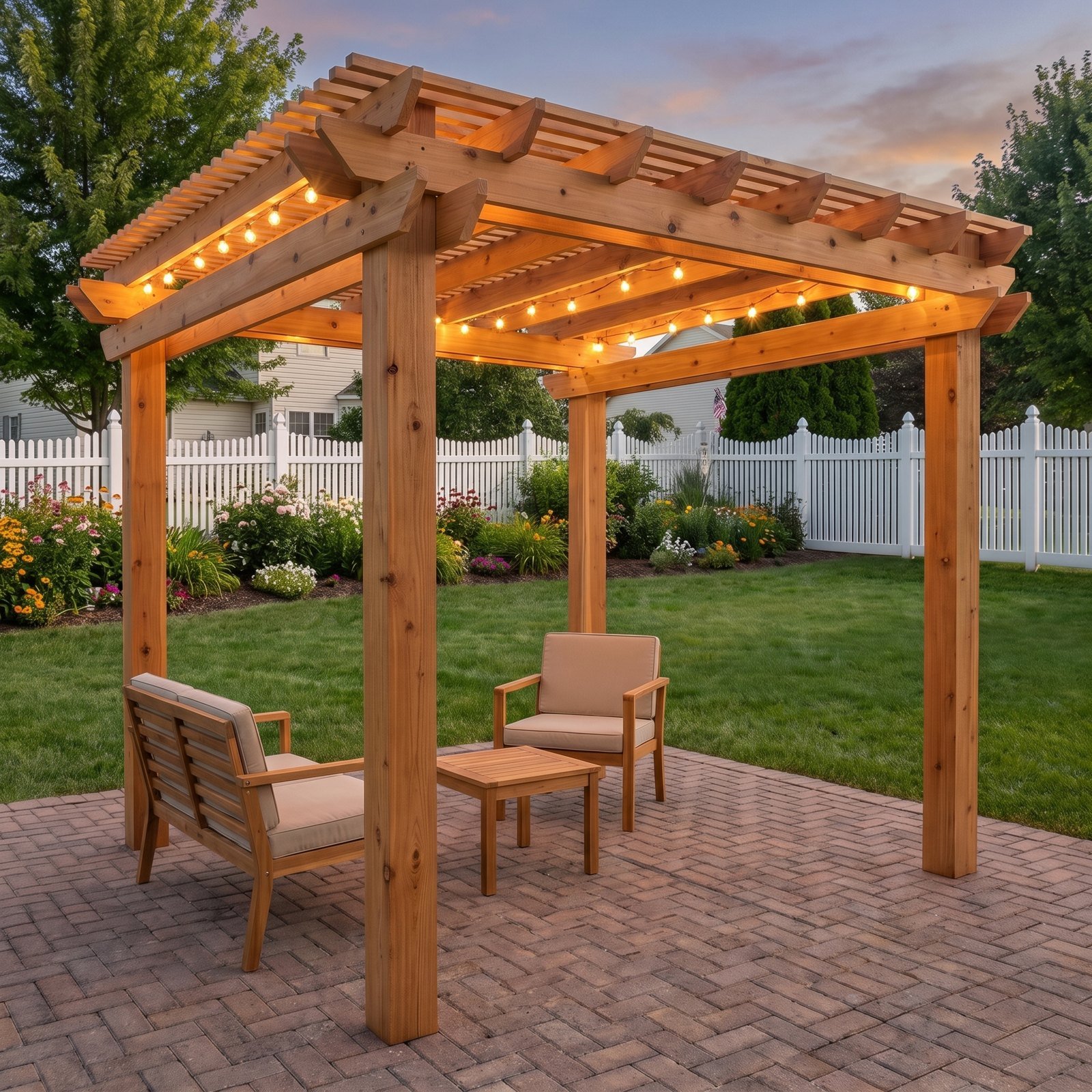 Cedar pergola on a brick patio