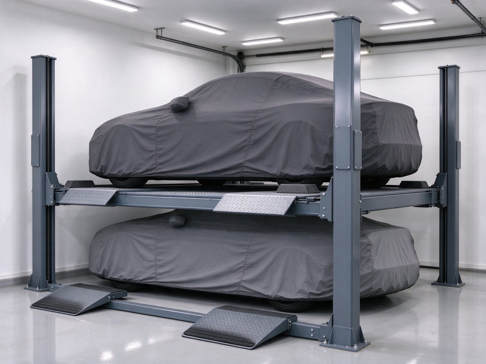 Four-post storage lift in a garage