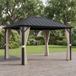 Hardtop Gazebo 10 x 12 ft with Steel Roof and Curtains, Black