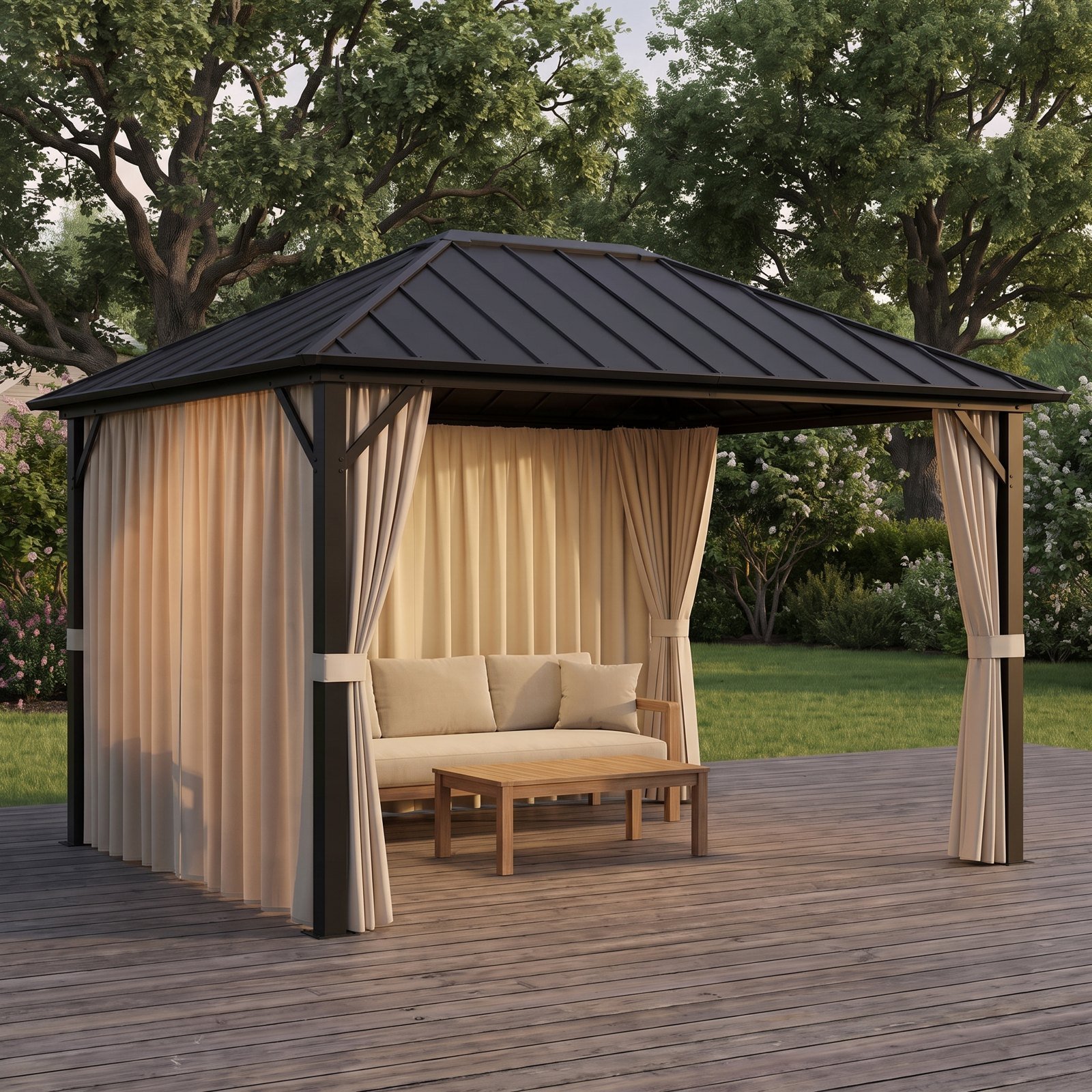 Hardtop gazebo with curtains on a wooden deck