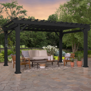 16 x 12 ft Black Steel Traditional Pergola with Sail Shade Canopy