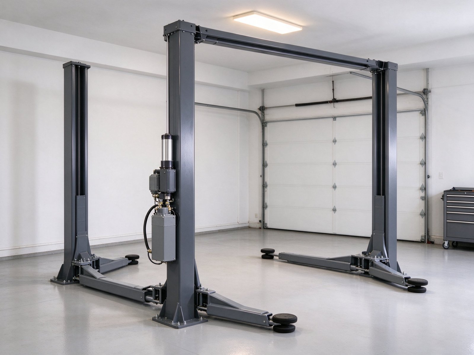 Graphite two-post clear-floor car lift in a garage