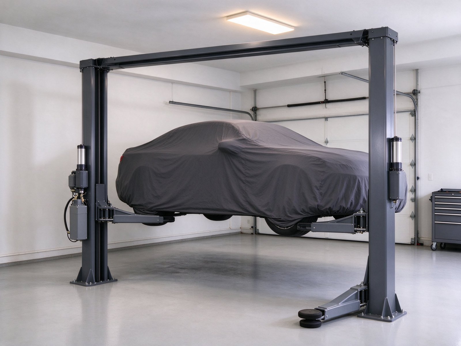 Two-post car lift raising a covered car in a home garage