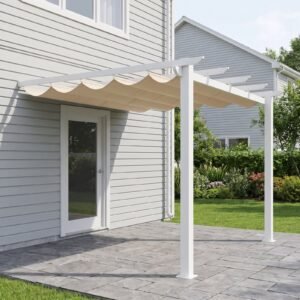 Wall-Mounted Lean-To Pergola 10 x 10 ft with Retractable Canopy, White